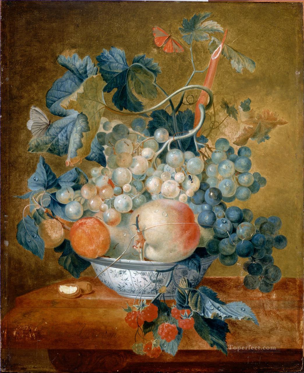 Un cuenco de Delft con frutas Francina Margaretha van Huysum bodegón Pintura al óleo